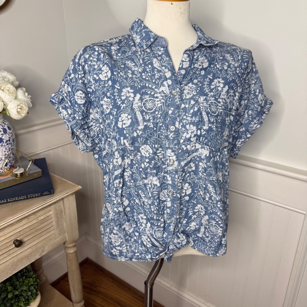 Tribal Jeans Womens Blue Floral Paisley Lyocell Short Sleeve Tie Front Shirt M